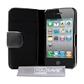 Noire Cuir Portefeuille Etui Pour iPhone 4 Avec Ecran Protecteur Gratuitement