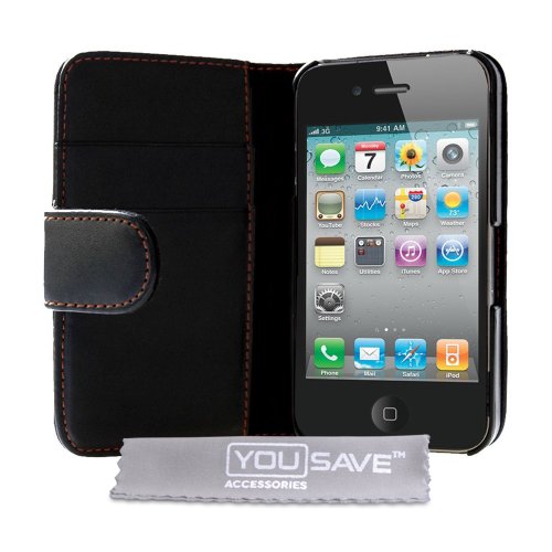 Yousave Accessories TM Premium Black Leather Wallet Flip Case Cover For The Apple iPhone 4 / 4S With Screen Protector For The 4G 4th Generation