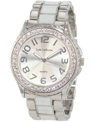 Womens Two Tone Silver and White Epoxy Bracelet Watch With Rhinestones Accented Large Face Jade LeBaum - JB202746G