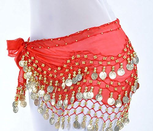 Songbird Dancer Fashion Dazzling Coins Three Tier Belly Dance Hip Scarf Dance Skirt Waist Chain Towel (Red(gold coins))