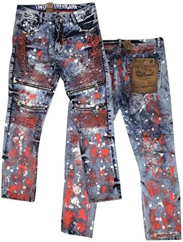 Vintage Americana Men's Metallic Red Paint Splatter Moto Biker Denim Jeans, Indigo, 38