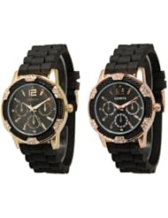 2 Pack Black Gold and Rose Gold Crystal Rhinestone Geneva Faux Chronograph Rubber Jelly Watch