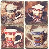 ProPassione Marble Coasters, set of 4, illustration theme Coffee Cups 2, antique finish, cork backed, Dimensions: l 10 x w 10 x h 1 cm