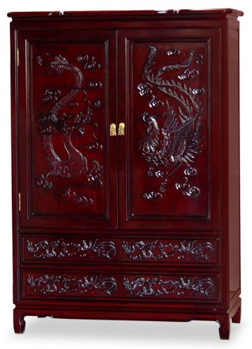 Rosewood Dragon & Phoenix Design Armoire - Dark Cherry