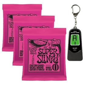 Ernie Ball 2223 Super Slinky String Set (9 - 42) 3-Pack with BONUS "Legacy" AT-01 Keychain Tuner