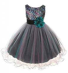 Girls Tulle Sequined Tea Length  Dress With a Sash 