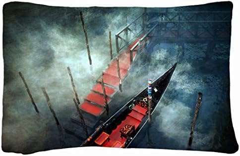 Microfiber Peach Queen Size Decorative PillowCases -City Venice Italy channel water wharf platform red carpets Morning fog stage gondola poles