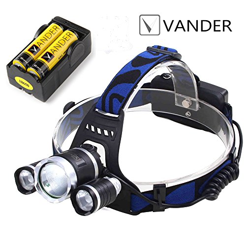 Vander Super Bright Headlight,5000lm 4 Mode Headlamp Flashlight Torch,3 CREE Chips XML T6 LED Helmet Light with 18650 Batteries and Wall Charger for Hiking Camping Riding Hunting Fishing