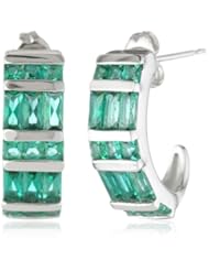 Sterling Silver Created Emerald Baguette J-Hoop Earrings