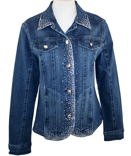 Katina Marie Long Sleeve, Rhinestone Studded, Pre-Washed, Printed Cotton, Dark Denim Colored Jacket - Crystal Jacket