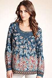 Indigo Collection Floral Print Lace Border Top with Silk