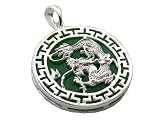 Green Jade Dragon's Fury Pendant with Greek Key Bezel, 925 Sterling Silver