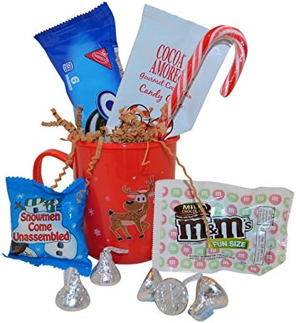 Christmas Hot Cocoa Gift Bundle Includes Candy Cane Hot Cocoa, Marshmallows, Oreo Cookies, M&amp;ms, Kisses, and a Candy Cane in a Festive Plastic Mug - Great for Kids (Colors May Vary)