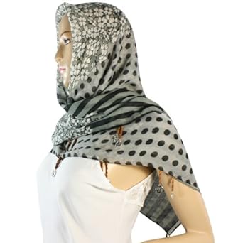 Stripes Flower Polka Dots Cotton Sheer Square Scarf Shawl With Dangling Dove Coin Drops - Various Colors