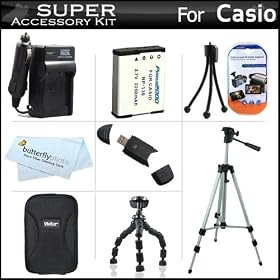 Super Accessories Kit For Casio Exilim EX-ZR100, EX-H30 Digital Camera Includes Extended (2200 mAh) Replacement Battery For Casio NP-130 + Ac/Dc Travel Charger + Hard Case + Flexible Tripod + 50 Tripod + USB 2.0 SD Card Reader + Screen Protectors + More