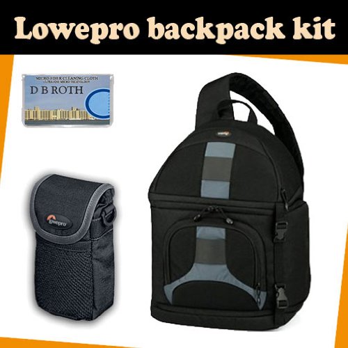 LowePro Backpack kit which includes the Lowepro Slingshot 300 All Weather Backpack (Black) + Sliplock pouch 10 + DB ROTH Micro Fiber Cloth.
