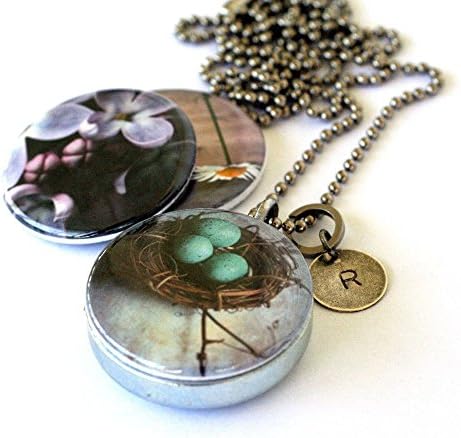 Birds Nest Locket Necklace - Lilacs, Daisy - 3 Magnetic Interchangeable Lids - Custom Stamped Initial - Holds a Picture Inside