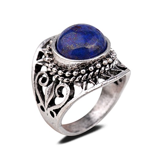 Yazilind Vintage Antique Round Cut Blue Lapis Lazuli Retro Silver Plated Heart Hollow 6.5 8 9 Ring Women
