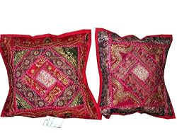 Embroidery Sari Toss Pillow Cushion Covers2 Red Hot Tamale Sequin