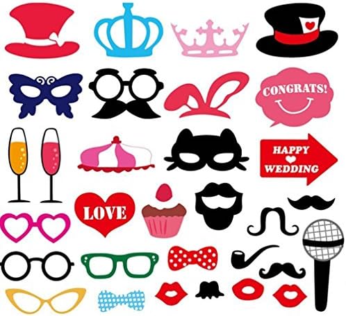 Paper Photo Booth Props 31 piece DIY Kit for Wedding Party Photobooth Dress-up Accessories &amp; Party Favors, Costumes with Mustache on a stick