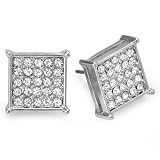 Platinum Plated Stud Earrings 12 mm Square Shaped White Round Cubic Zirconia Iced Pushback Post