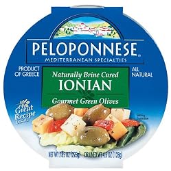 Peloponnese Ionian Olives, Gourmet Green Olives, 4.5-Ounce Plastic Tubs (Pack of 6)