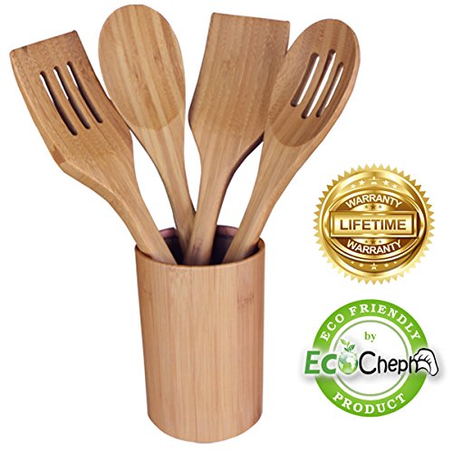 Best Bamboo Utensil Set, 4 Piece Kitchen Tools by EcoCheph; Premium