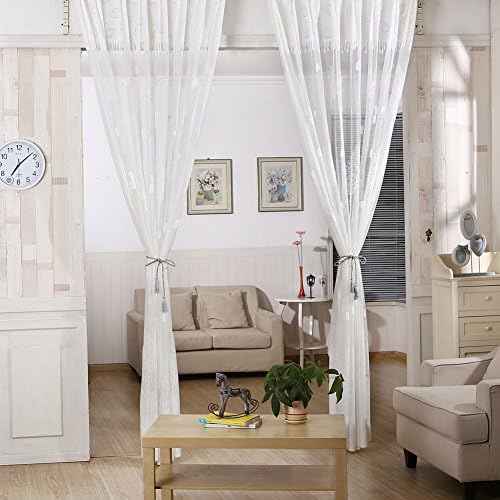 Curtains Decorative, Leaf Tulle Voile Room Door Window Curtain Panel Sheers Scarfs Valances Drape, Curtains for Living Room (White)