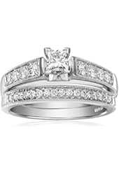 IGI Certified 14k White Gold Diamond Classic Bridal with Millgrain and Princess Cut Center Wedding Ring Set (1 cttw, H-I Color, I1-I2 Clarity)