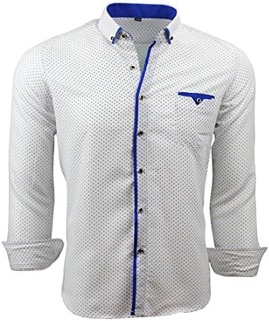 Tom Spade Men's Slim Fit Patterned Dress Shirt (Medium, White/Blue)