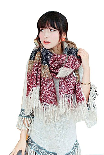 Women's Large Mohair Tassels Plaid Long Warm Soft Scarf Wraps Shawl