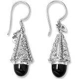 Sterling Silver Swirl Design Black Onyx Dangle Earrings by Sajen