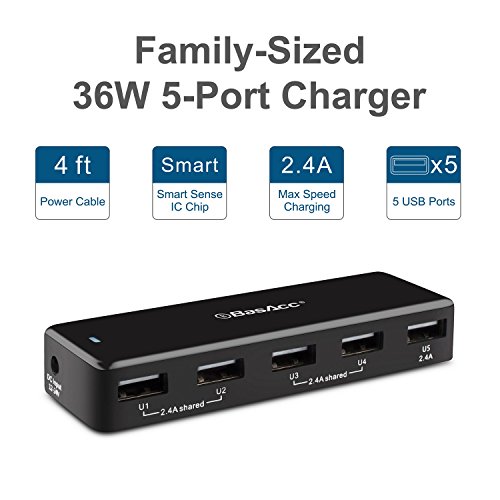 BasAcc 7.2A/36W 5-Port USB Rapid Car Charger Charging Station with Smart Sense IC (Highest Output)/4ft Extension Cord for iPhone, iPad, Samsung Galaxy S6 / S6 Edge and More Apple and Android Devices