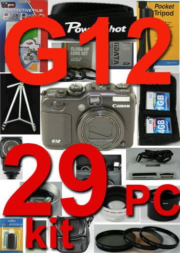 Canon PowerShot G12 29 PIECE Pro Kit with 5 Years EXT WARRANTY , 16GB High Speed card , extra battery , grip , Flash , reader , Case , Tripod and much more