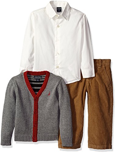 Nautica Boys' Three Piece Set with Woven Shirt,Striped Cardigan Sweater, Cord Pant