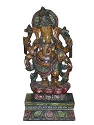 Colorful Standing Ganesha Sculpture Six Arms Wood Temple Carving India Statue 48"