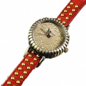 P&o Vintage Girls Students Trendy Bead Studded Genuine Leather Slim Band Bracelet Wrist Watch Red