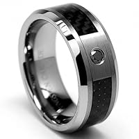 8MM Tungsten Carbide W/ BLACK DIAMOND .050 Carat Wedding Band Ring With Carbon Fiber Inlay Size 9