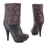Damen Schuhe, STIEFELETTEN, PLATEAU HIGH HEELS STILETTO, A118, Synthetik in hochwertiger Leder Optik und Wild Leder Optik, Grau, Gr 39