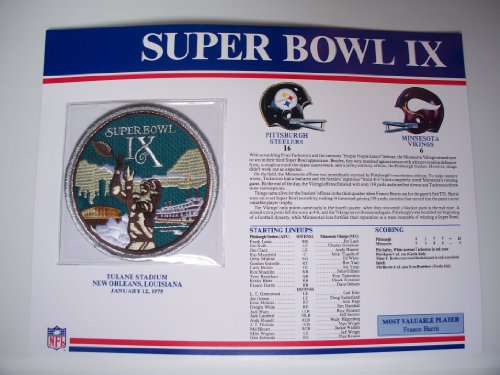 1974 Pittsburgh Steelers vs Minnesota Vikings NFL Super Bowl 9 (IX) 1975 Franco Harris MVP Willabee Ward Patch and Stat Panel Card