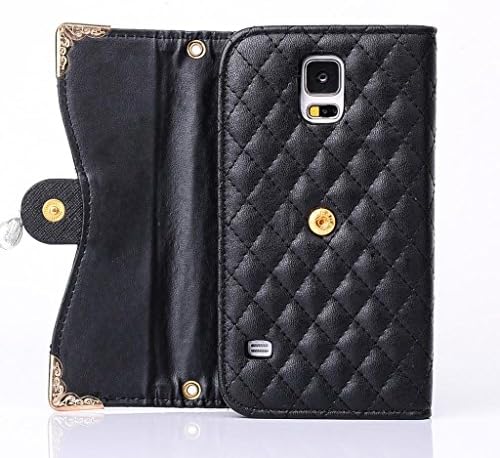 Multi-purpose Fashion Diamond Lattice Cell Phone Pouch Folio Flip PU Leather Case Wallet Cover for Samsung Galaxy S5 i9600 with Multiple ID Card Holders & Long Strap & Money Pocket & Bling Flower Design - Black