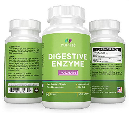 NutrissaÂ® Digestive Enzymes - Pancreatin 4X - Contains Lipase, Protease and Amylase - Improves Digestive Health & Reduces Gas, Bloating & Indigestion - 100 capsules