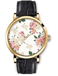 SPRAWL Aanalog Fashion Series Gold Ladies Watches of Genuine Black Leather Strap,Unique Wrist Watch for Women Girls Designed with Floral Pattern