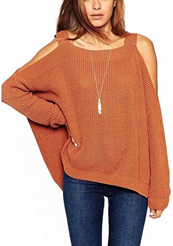 Southstore Women's Off the Shoulder Strappy Pullover Loose Knitted Sweaters (Brown)