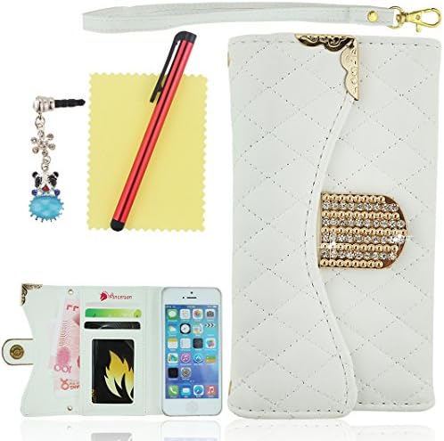 Ancerson New Hot Sale Bling Crystal Diamond Golden Alloy Stripe Frame Stylish Plaid Design Magnet Buckle Built-in Credit/ ID Card Wallet Slots Ultra Slim PU Leather Protective Flip Case Cover Shell Skin with Hand Strip fit for Apple iPhone 5S 5 5th 5g free with a Red Stylus Touchscreen Pen, a 3.5mm Universal Crystal Diamond Rhinestones Bling Lovely Silvery Flower Blue Panda Pendant Dust Plug Earphone Jack and a Cleaning Cloth - Retail Package (White)