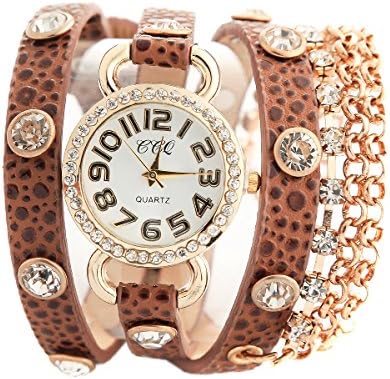 Soulvin Women Rhinestones Charm Twine Wrist Watch Leopard Leather Belt Bracelet Watch Brown