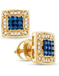 10K Yellow Gold Round Brilliant Cut Blue and White Diamond - Square Princess Shape Halo Channel Set Studs Earrings with Secure Screw Back Closure - (.36 cttw.)
