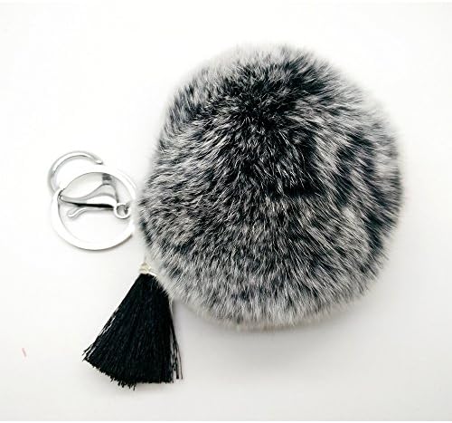 Fashion 8cm Frosted Cute Fluffy Rex Rabbit Fur pom pom with tassel keychain fur ball bag pendant (Frosted Black)