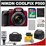 Nikon Coolpix P500 12.1 MP Digital Camera (Red) with 8GB Card + Battery + ( ....