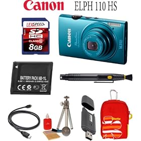 Canon PowerShot ELPH 110 HS 16.1 MP Digital Camera (Blue) + Case + Battery + 8GB Card + Mini Tripod + Cared Reader